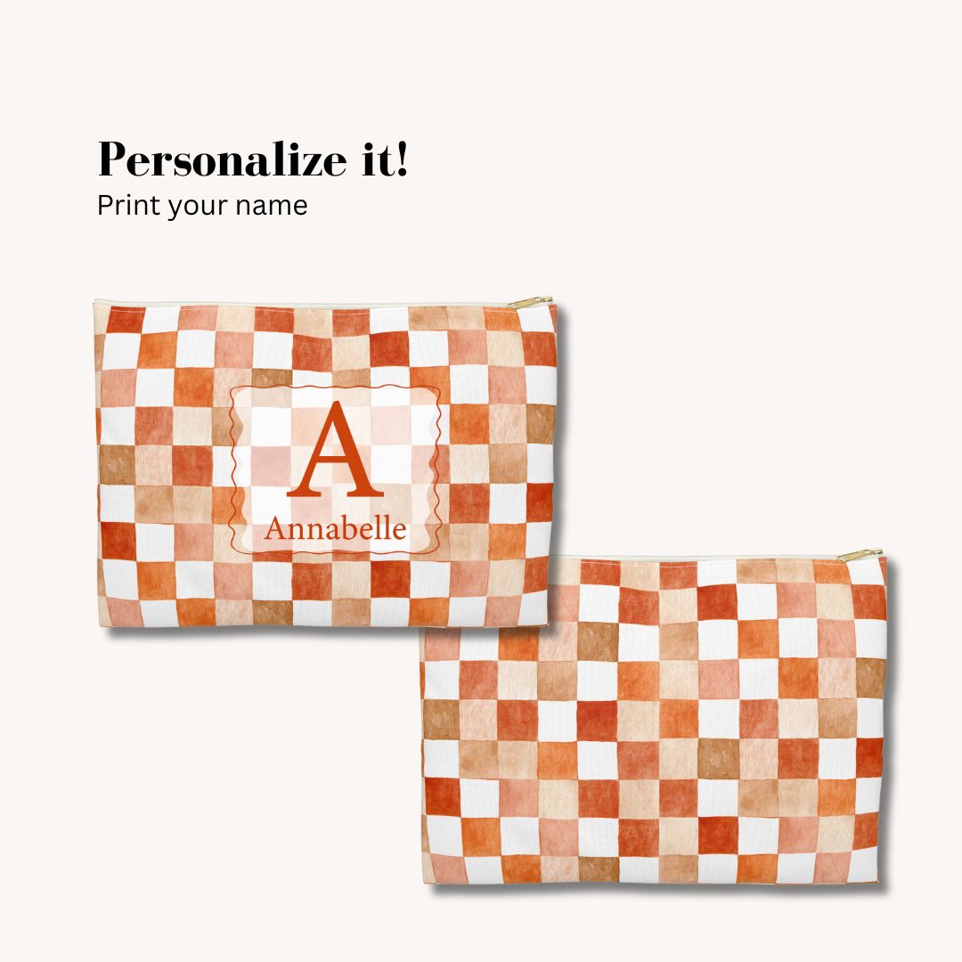 Orange Checkered Print Makeup And Accessory Pouch