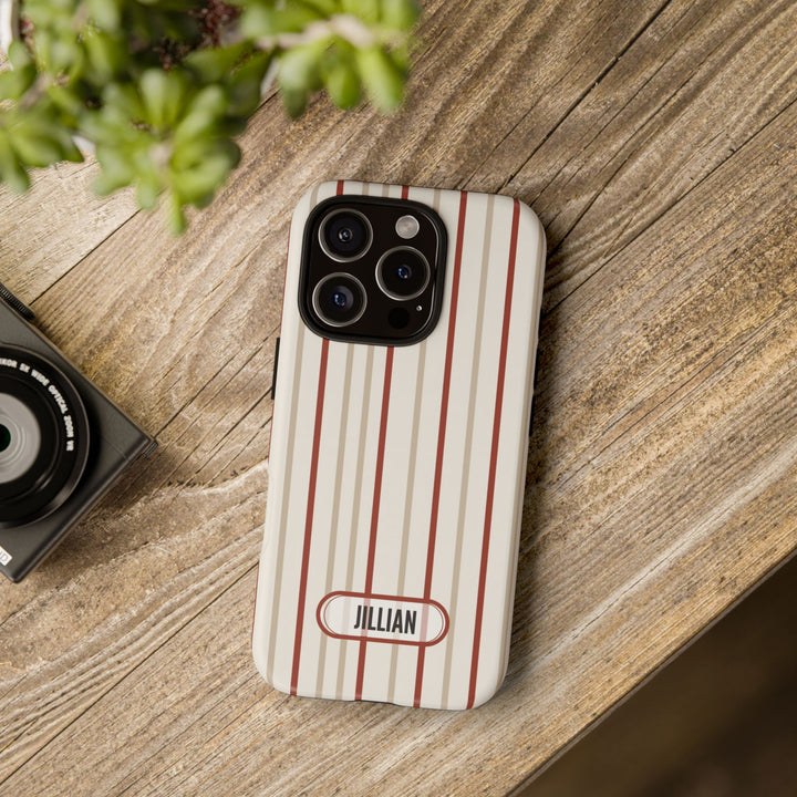 Personalized Tough Phone Case Red And Beige Stripe