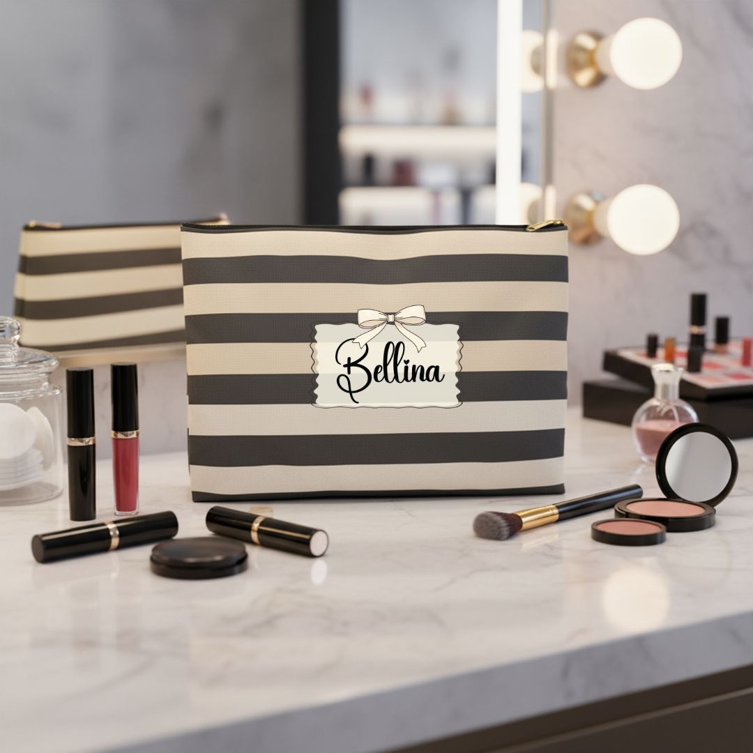 Brown Stripe Horizontal Print Makeup And Accessory Pouch