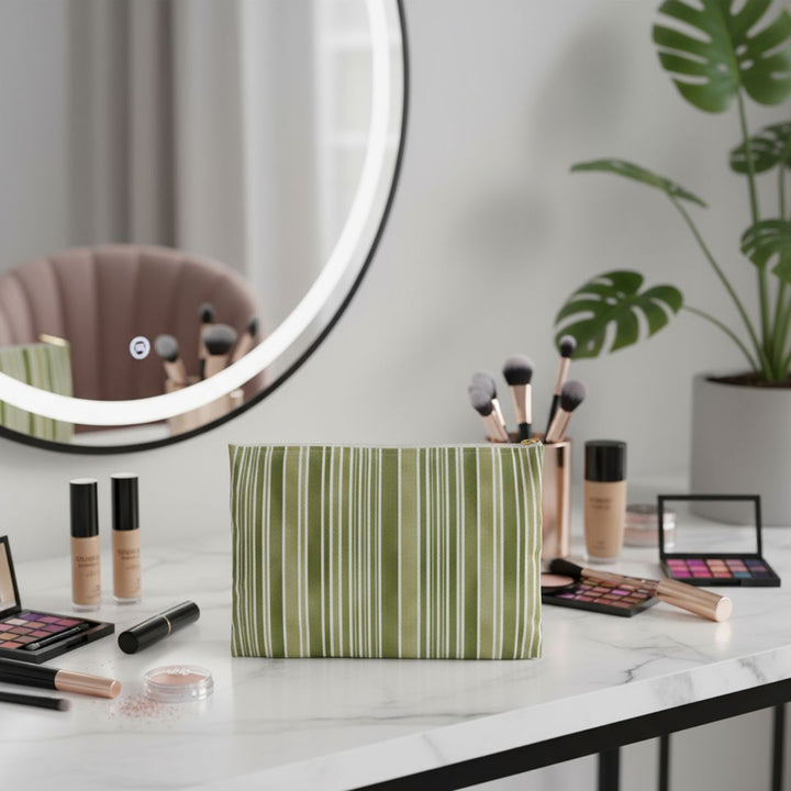 Green Stripes Print Makeup And Accessory Pouch
