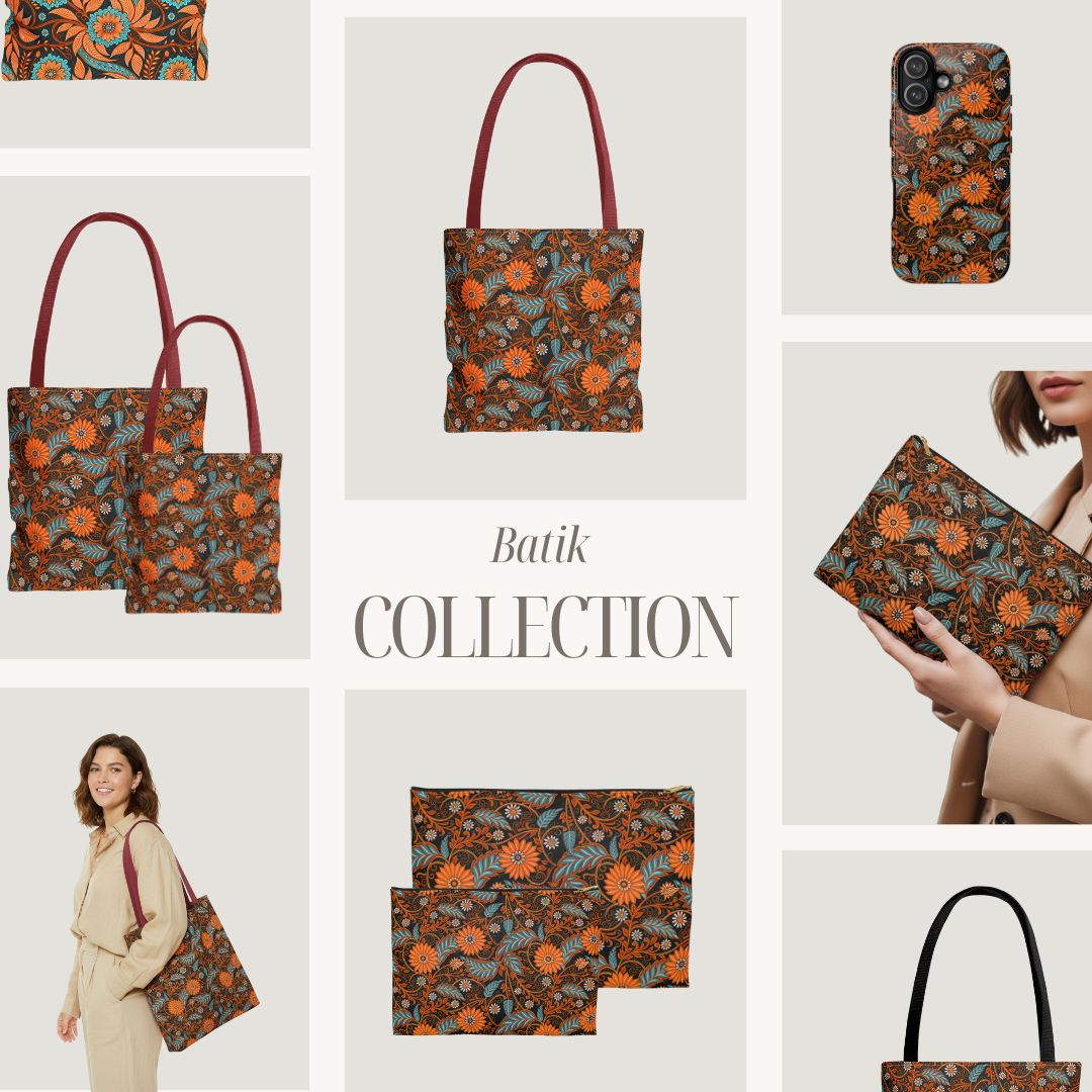 Modern Batik Print Tote Bag -  Orange Teal 1
