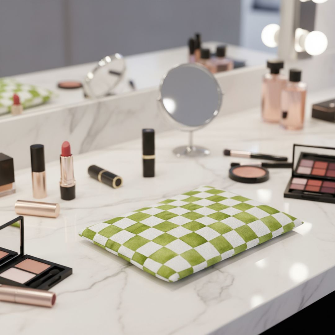 Green Checkered Print Makeup And Accessory Pouch