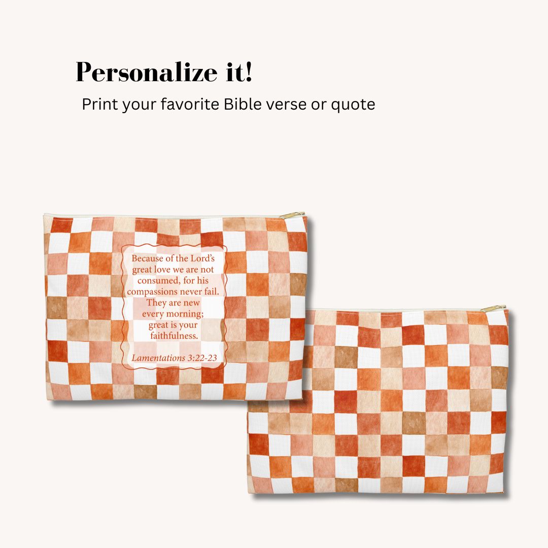 Orange Checkered Print Makeup And Accessory Pouch