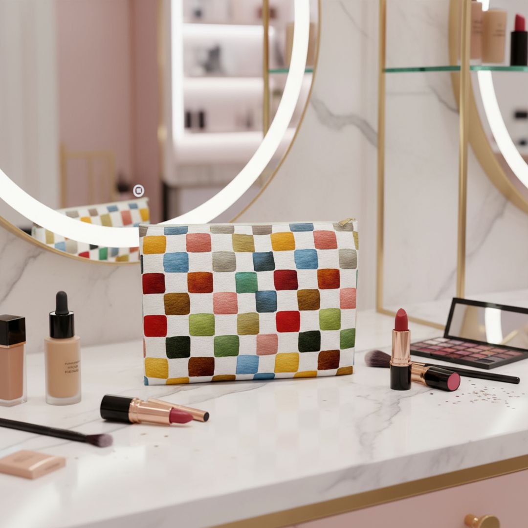 Multicolor Checkers Print Makeup And Accessory Pouch