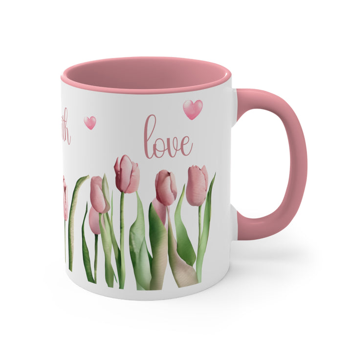 Hope, Faith, Love" Spring Flower Design Coffee Mug with Pink Rim