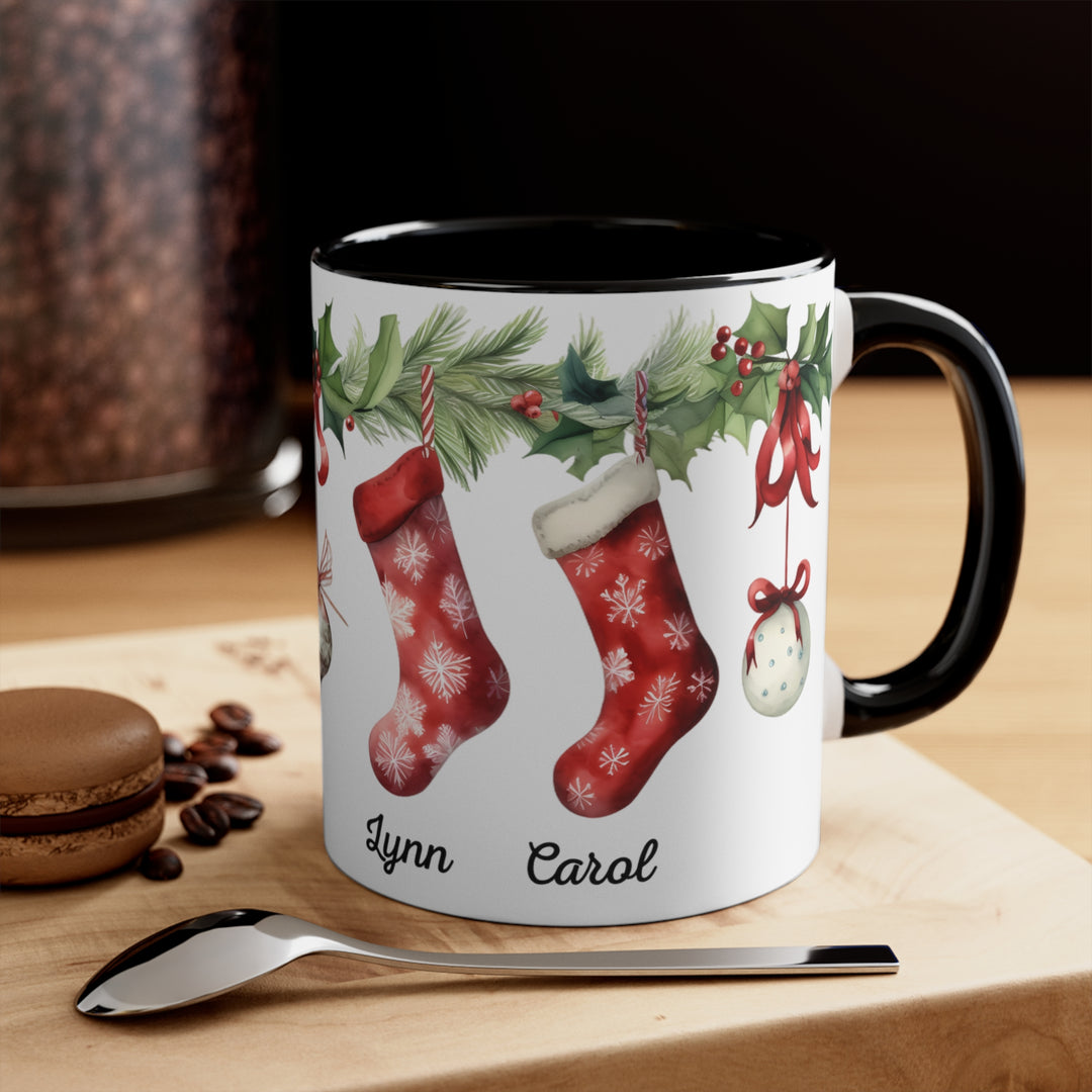 Personalized 11oz Ceramic Coffee Mug With Red And Green Holiday Stockings And Ornaments