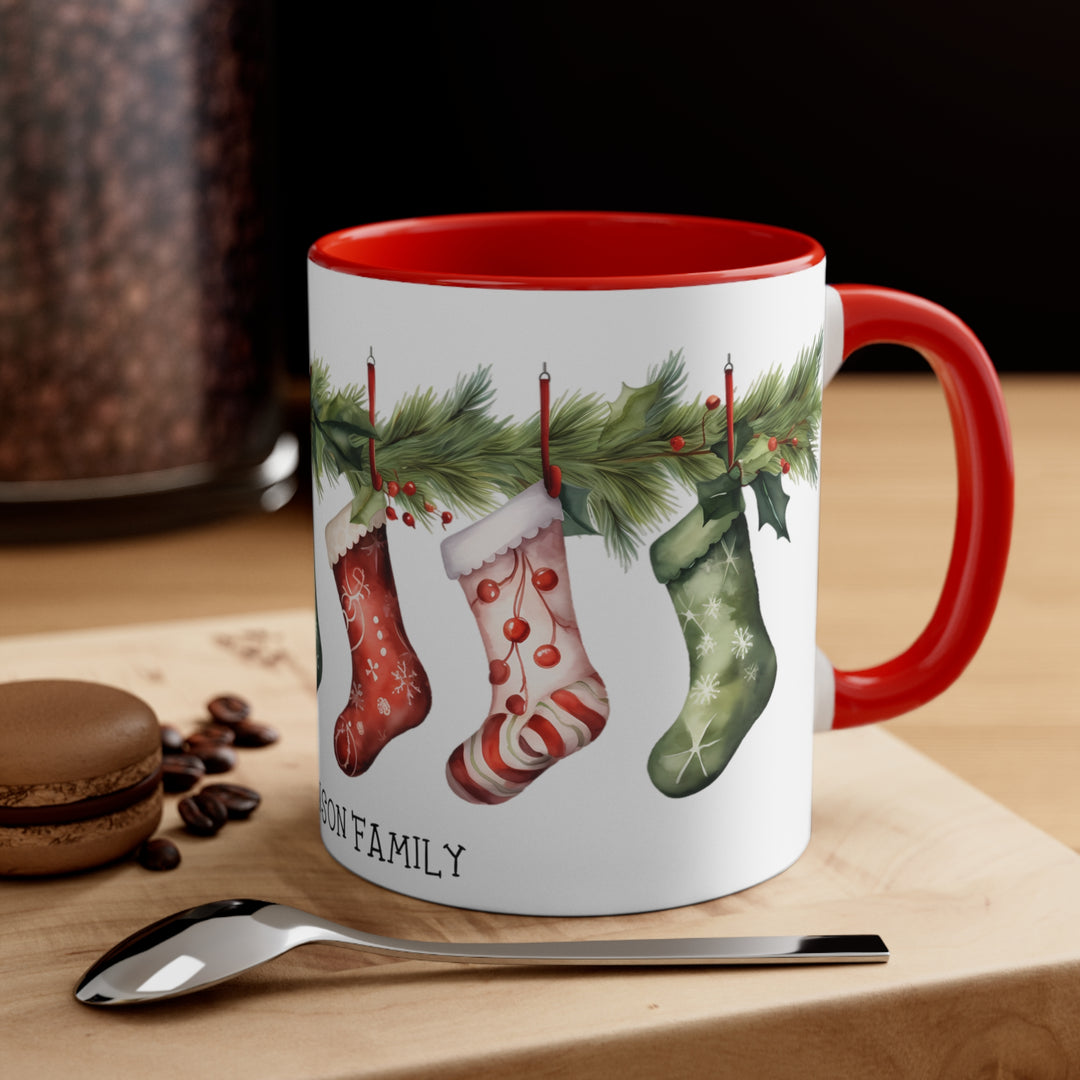 Personalized 11oz Ceramic Coffee Mug With Red And Green Holiday Stockings