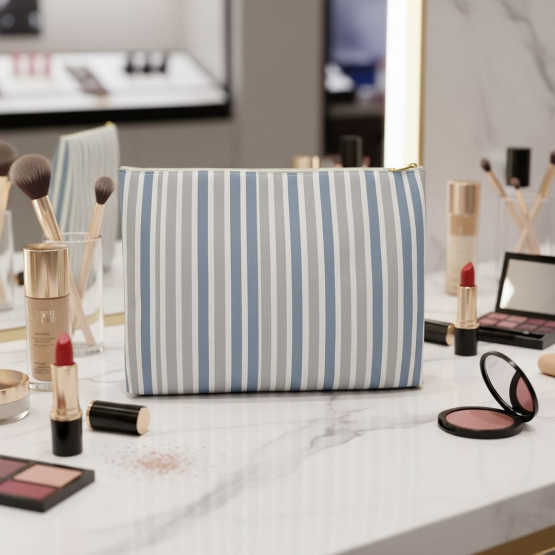 Blue Stipes Print Makeup And Accessory Pouch