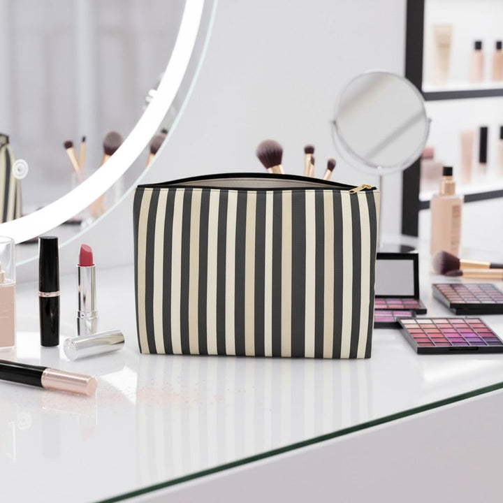 Brown Stripe Print Makeup And Accessory Pouch