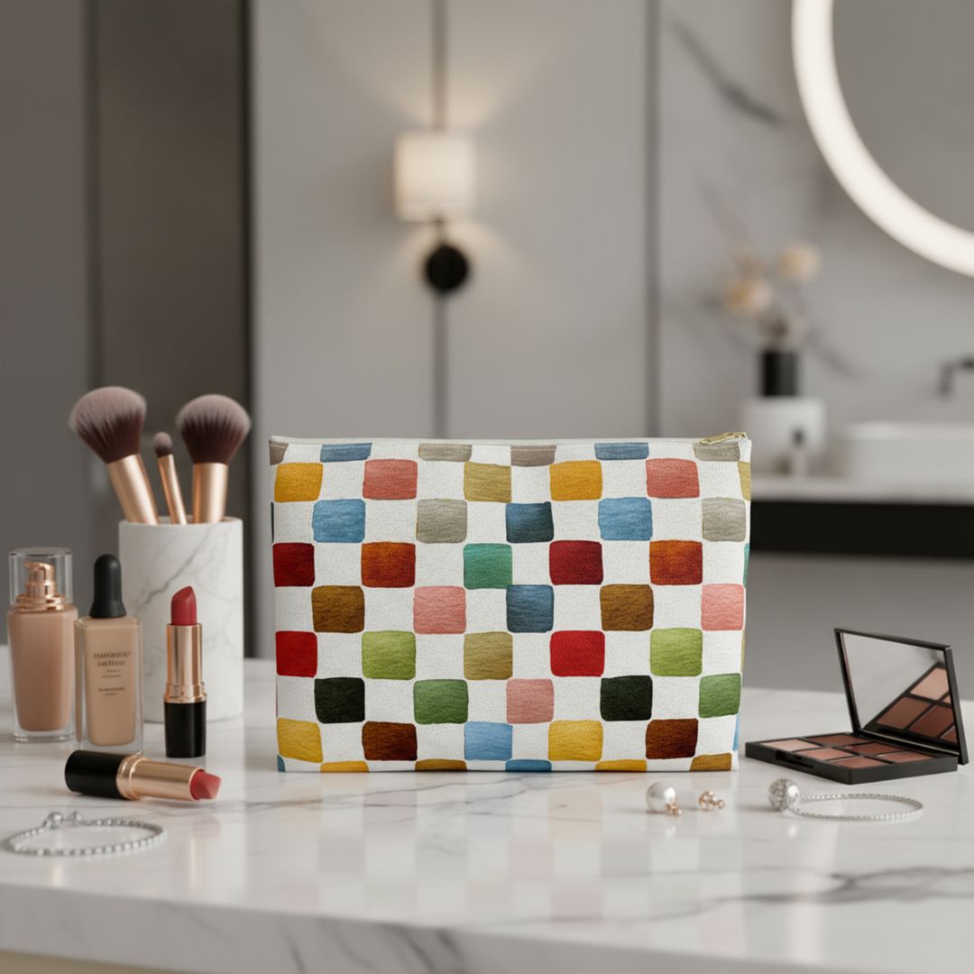 Multicolor Checkers Print Makeup And Accessory Pouch