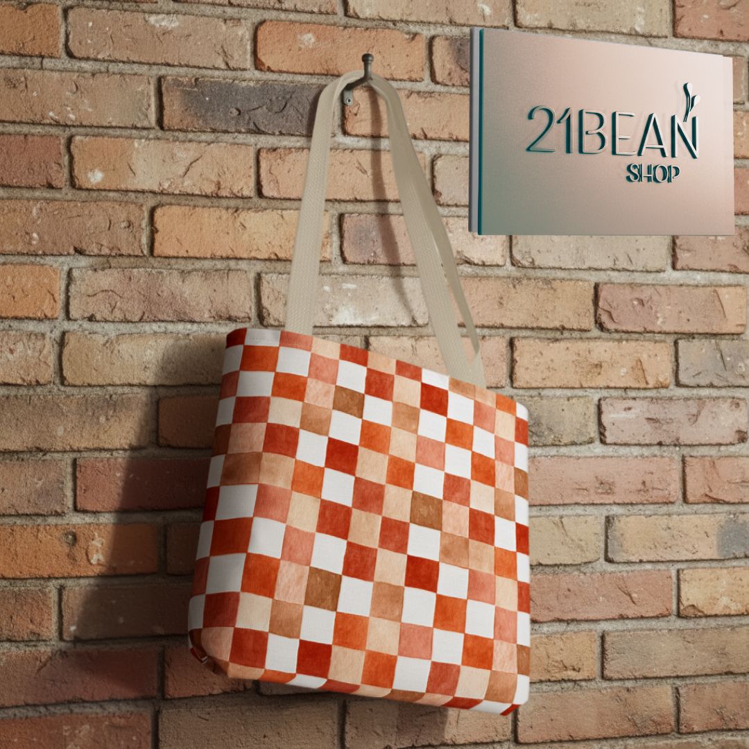Orange Checkered Print Tote Bag
