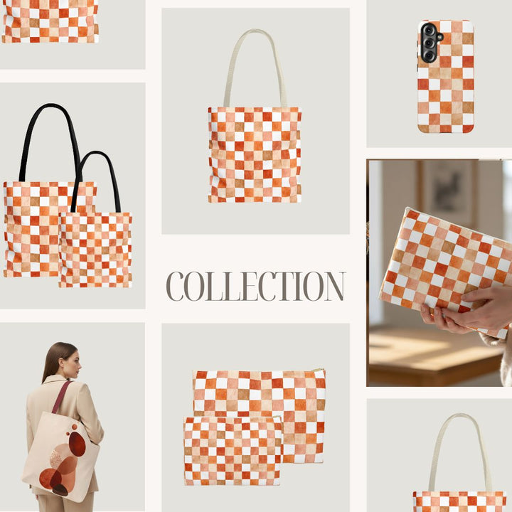 Orange Checkered Print Makeup And Accessory Pouch