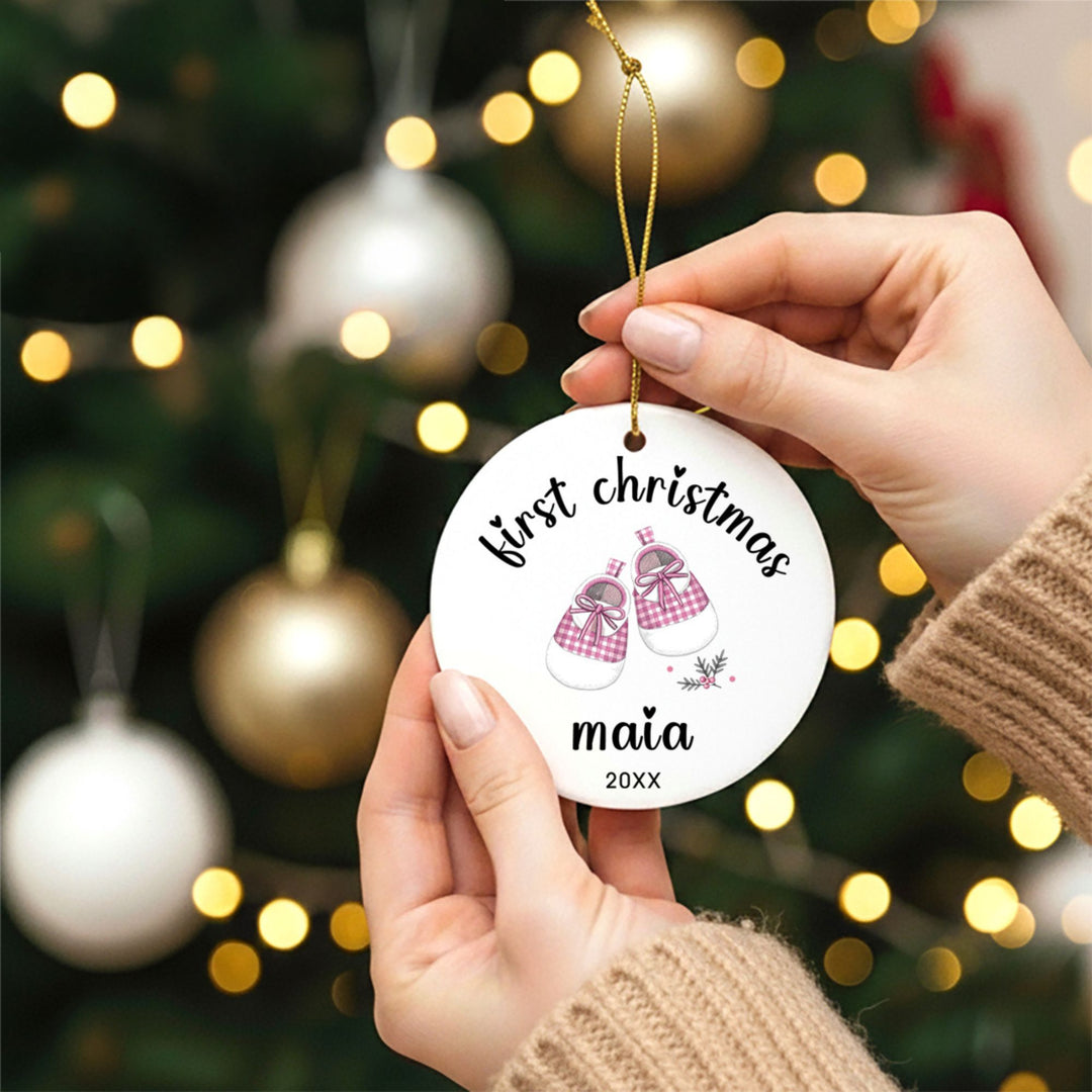 Personalized Christmas Ornament: Baby Shoes Gingham 1