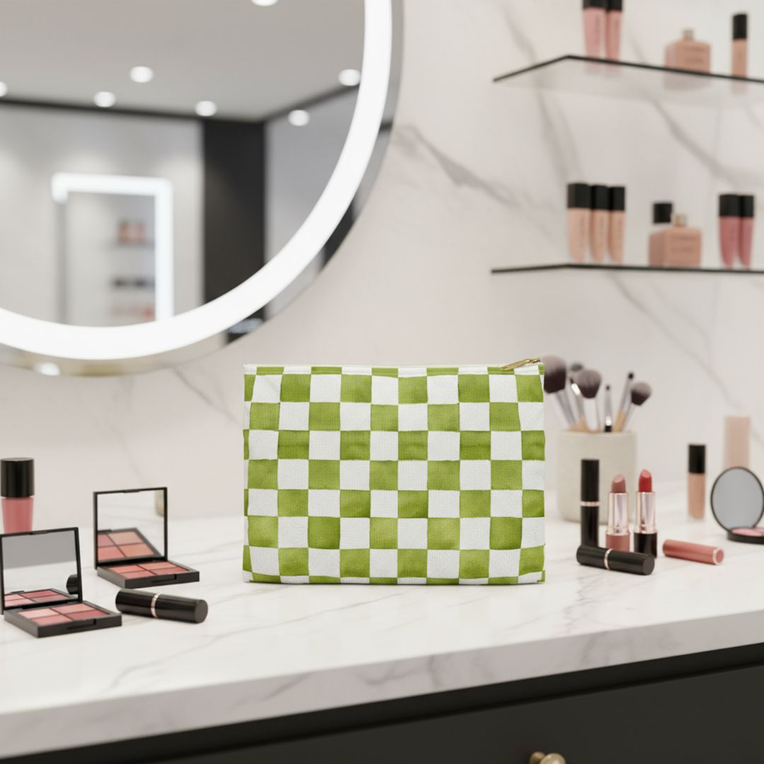Green Checkered Print Makeup And Accessory Pouch