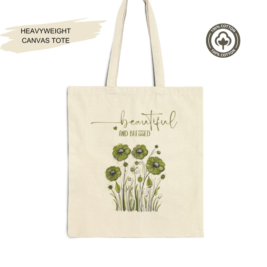 Green Botanical Flowers Bouquet Cotton Canvas Tote Bag "Beautiful Blessed"