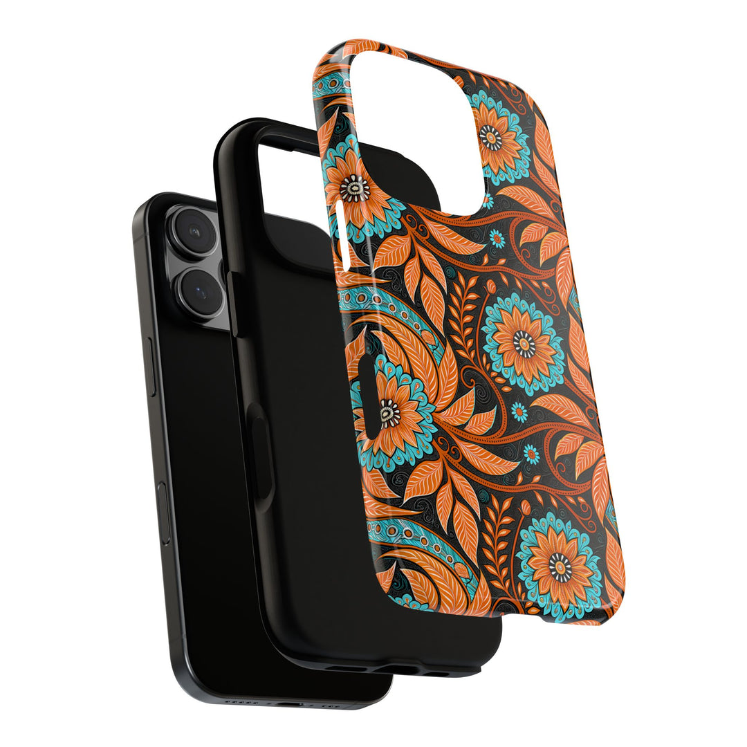 Modern Batik Pattern Tough Phone Cases Personalizable - Orange Teal 3