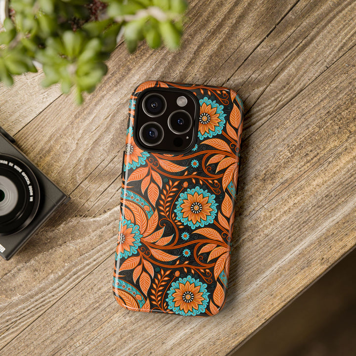 Modern Batik Pattern Tough Phone Cases Personalizable - Orange Teal 3