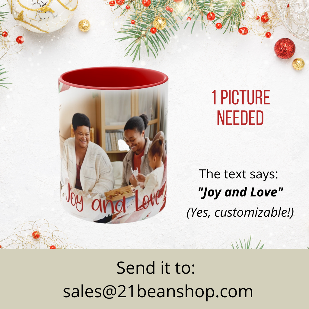 Joy And Love Photo Holiday Mug With Red Handle - Personalized