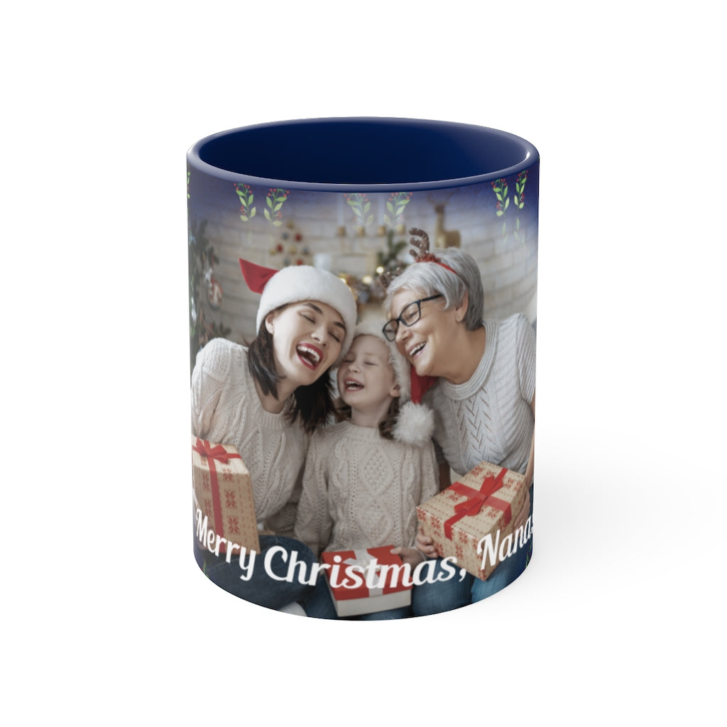 Festive Blue Photo Holiday Mug With Navy Handle - Personalized