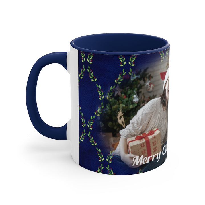Festive Blue Photo Holiday Mug With Navy Handle - Personalized