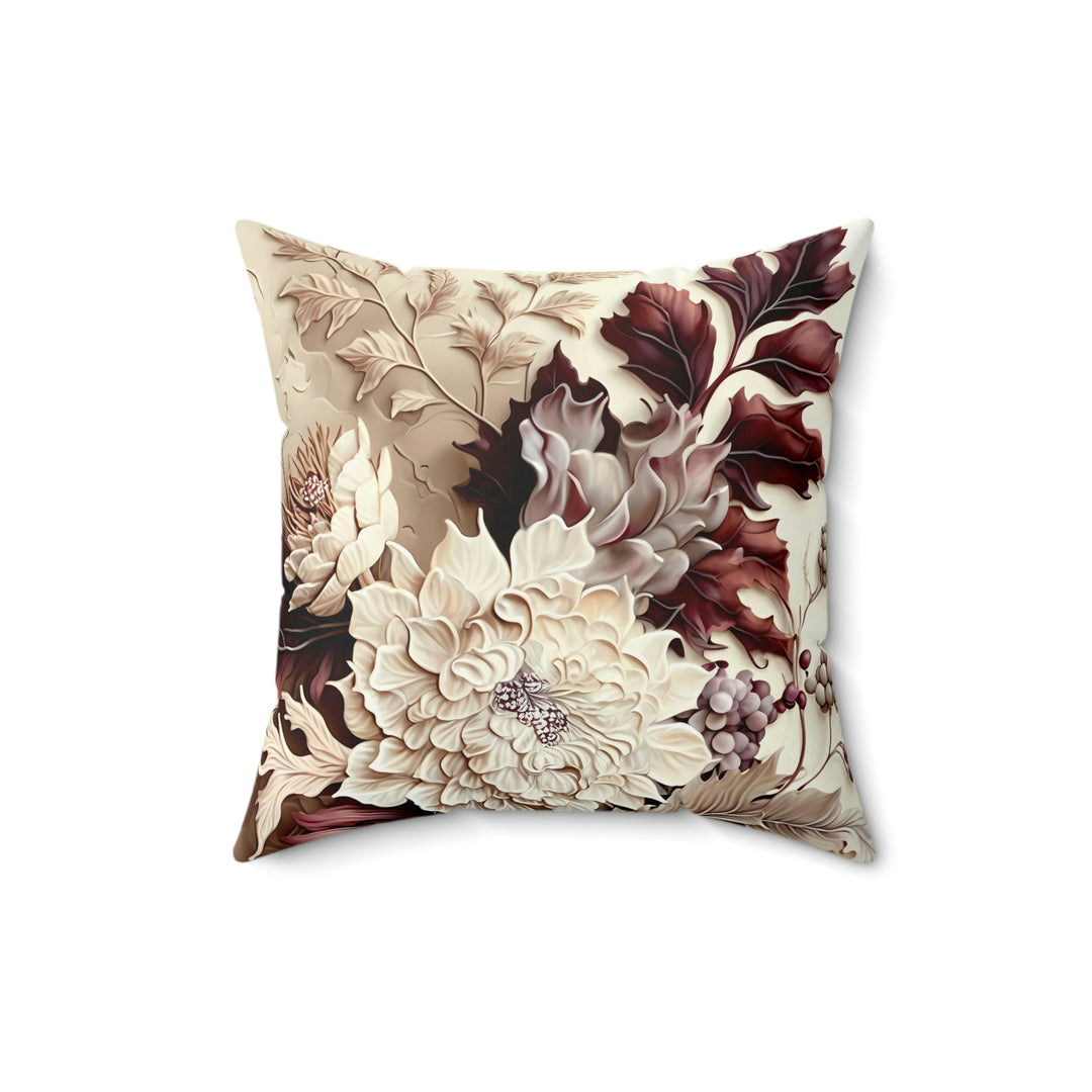 Rich Bold Ivory & Burgundy Flowers Square Pillow