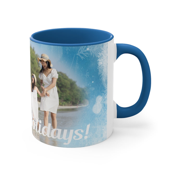 Happy Holidays Photo Holiday Mug With Blue Handle - Personalized