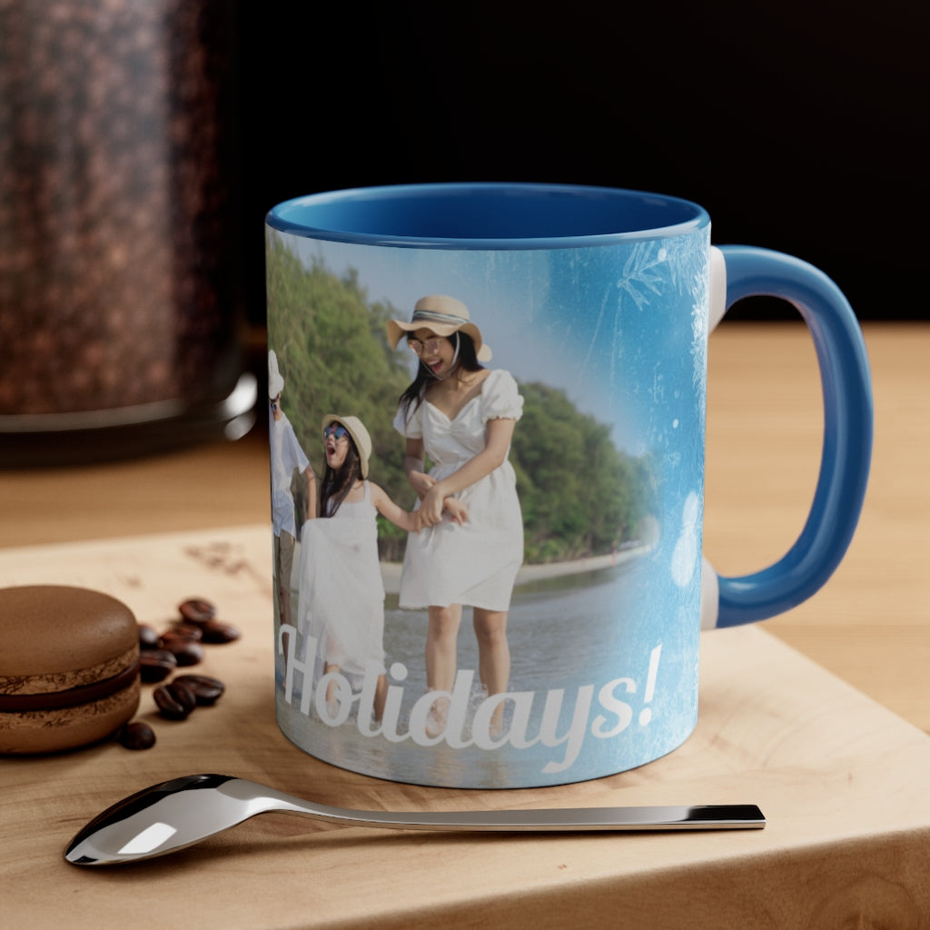 Happy Holidays Photo Holiday Mug With Blue Handle - Personalized