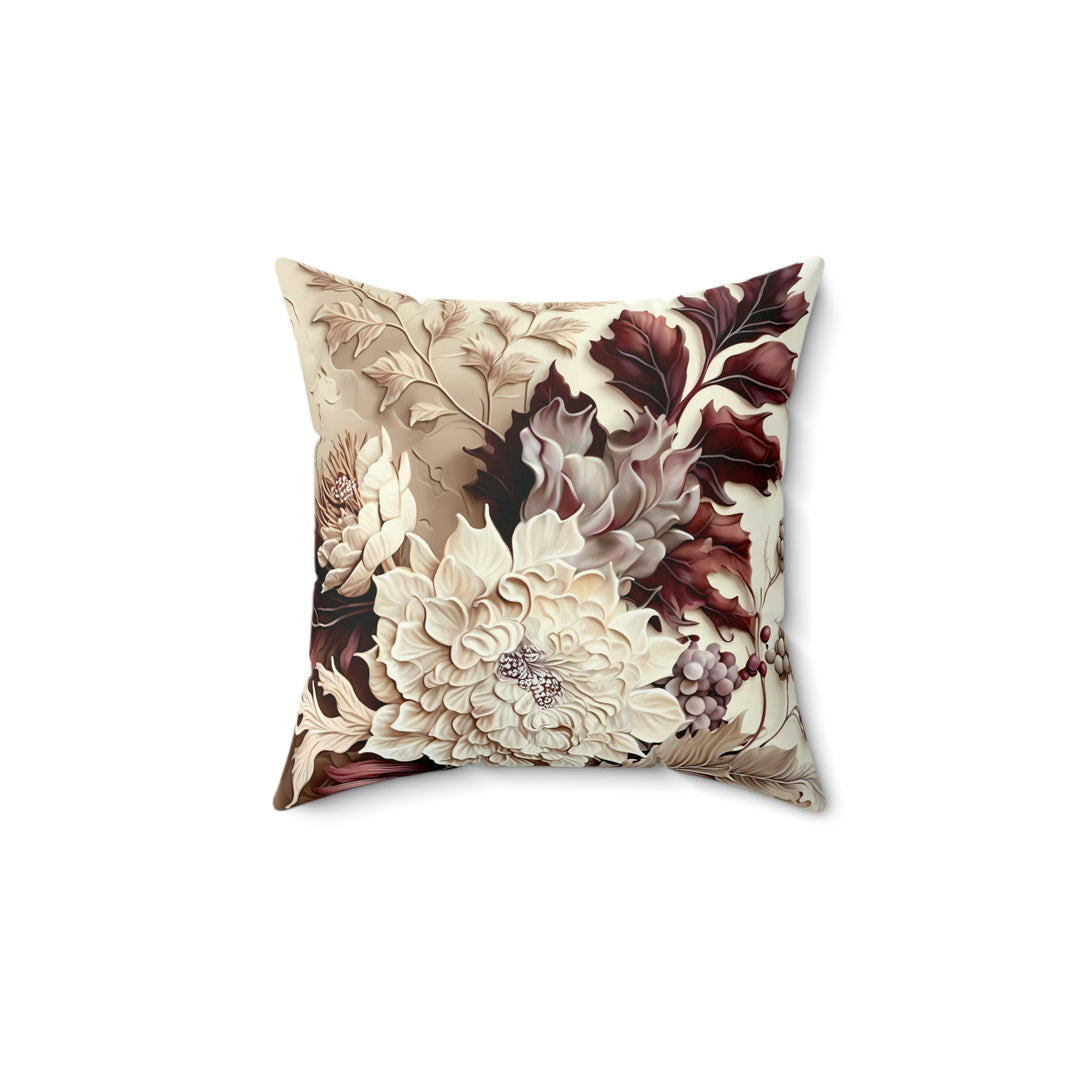 Rich Bold Ivory & Burgundy Flowers Square Pillow