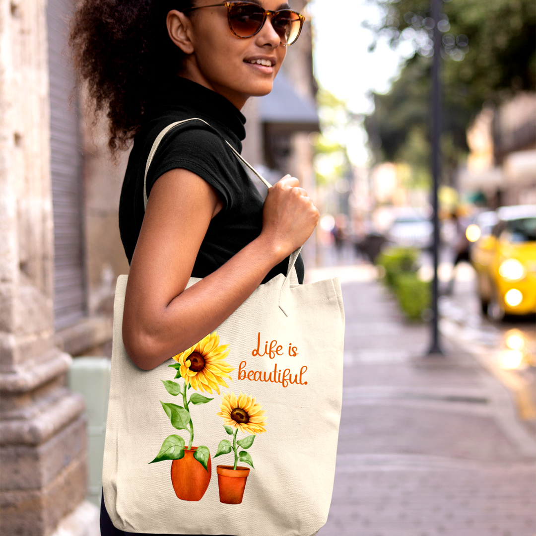 Life Is Beautiful Sunflowers Organic Canvas Tote